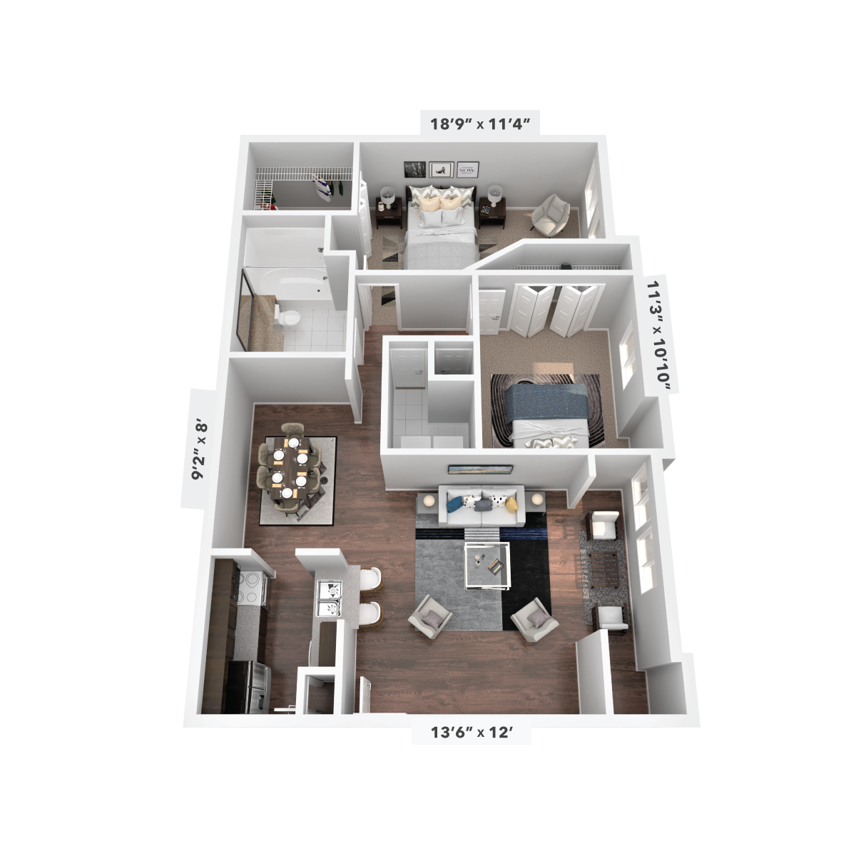 Floor plan for 2 beds, 1 bath, 1120 sqft